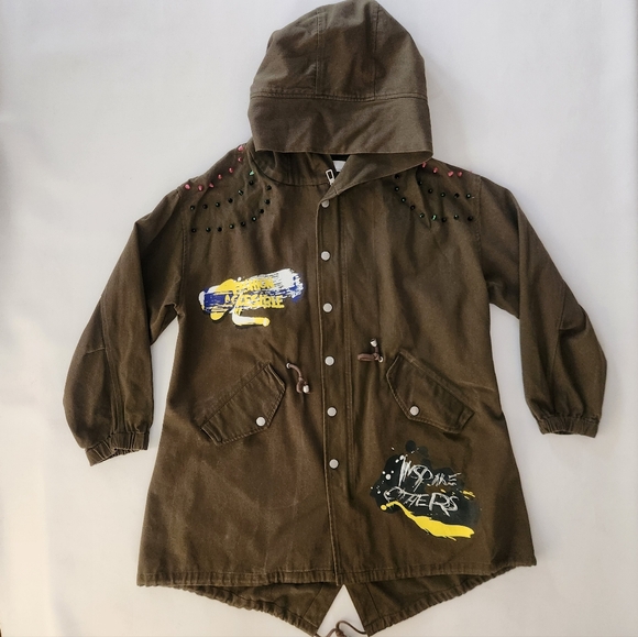 Zara basic army green graphic Hooded Jacket - Picture 1 of 13